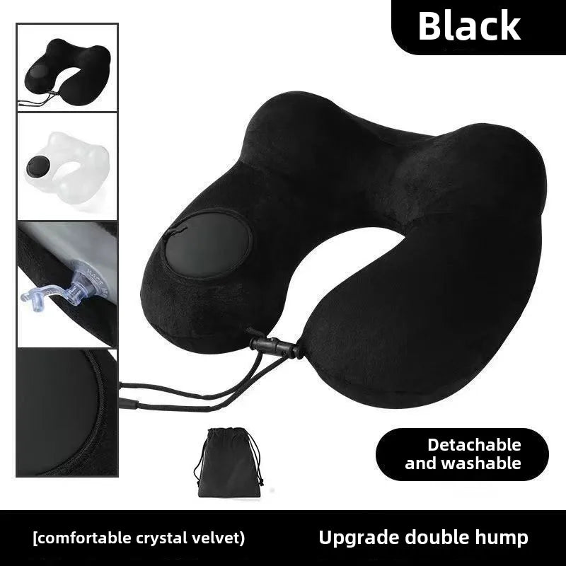 Inflatable U-Shape Travel Neck Pillow with Plush Cover & Bag