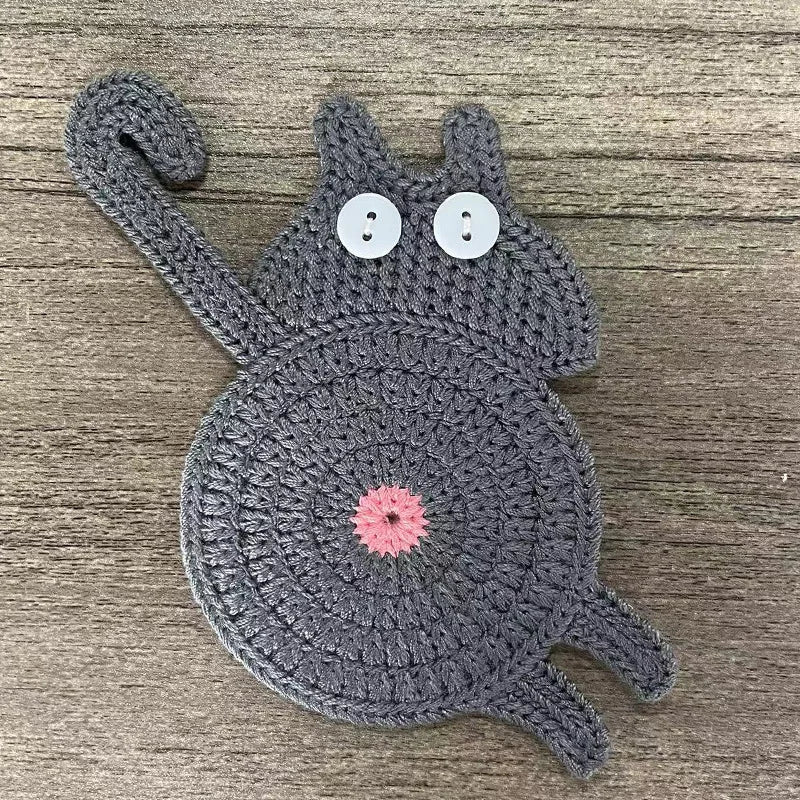Handmade Crochet Cat Coaster – Knitted Felt Mug Pad Gift