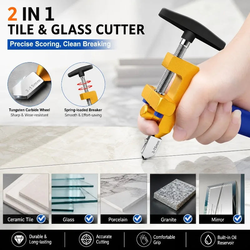 2-in-1 Glass & Ceramic Tile Cutter | Manual Diamond Roller