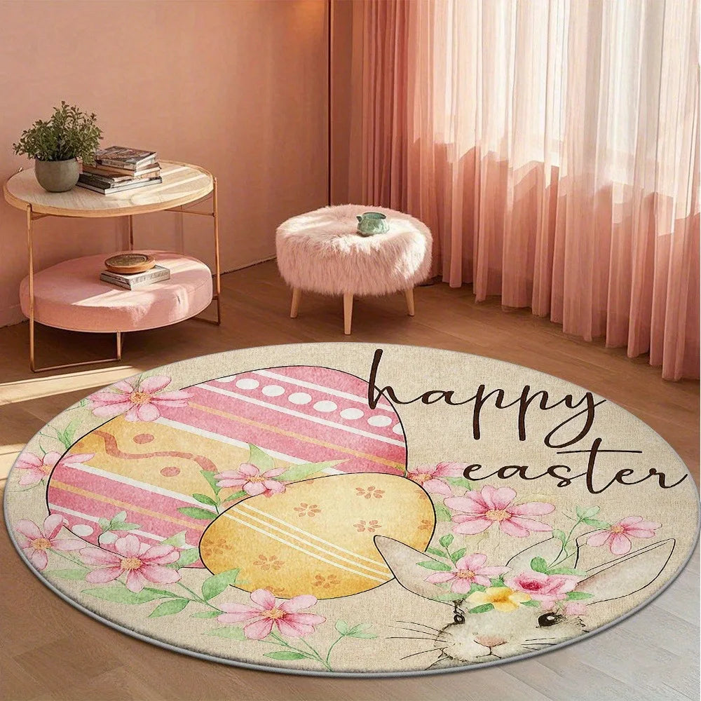 Easter Bunny Round Area Rug – Floral Rabbit Print Carpet