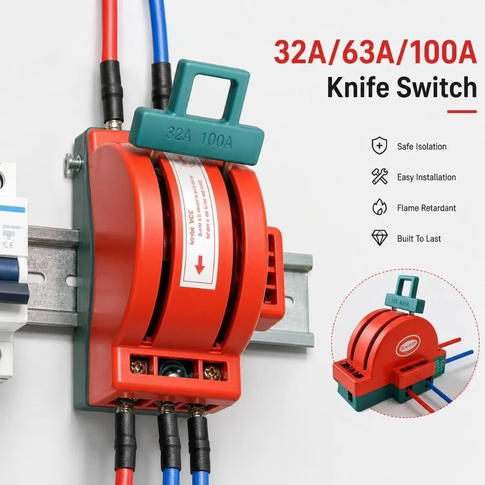 2-Pole DPDT Knife Disconnect Switch 32A/63A/100A AC 220V