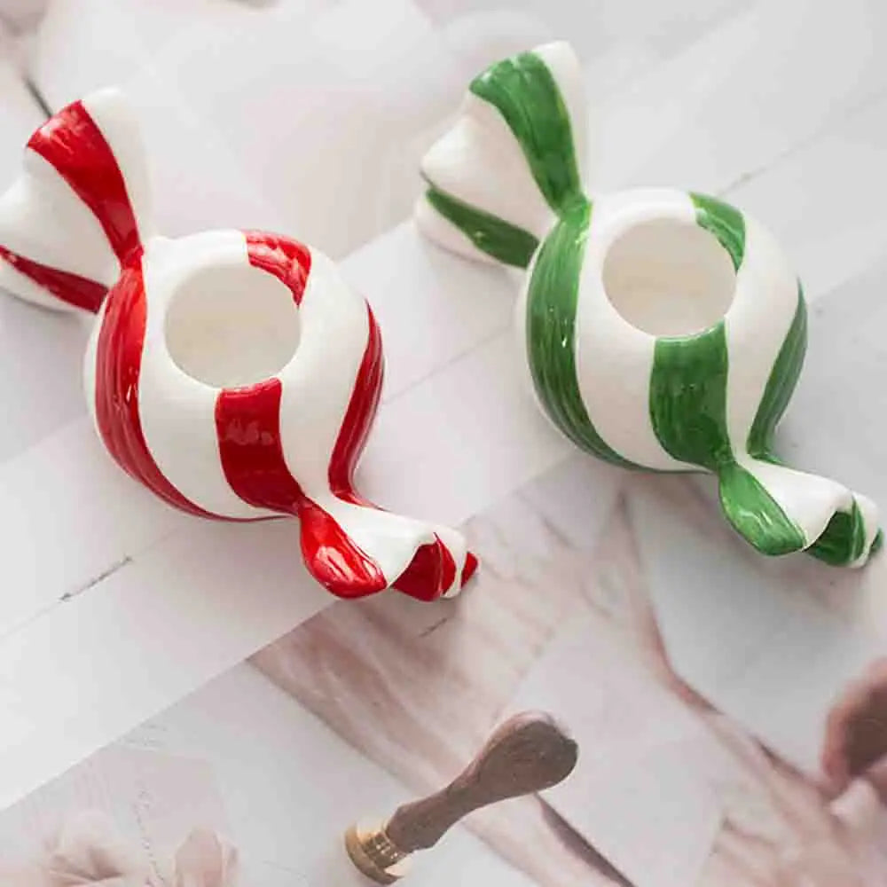 Ceramic Striped Tealight Candle Holder – Xmas Holiday Décor
