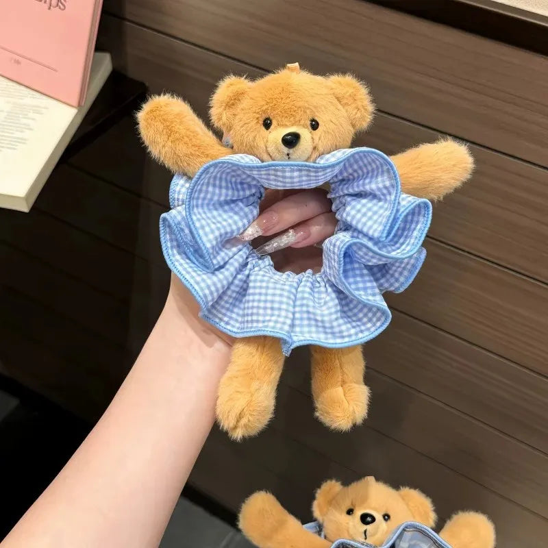 Plush Teddy Bear Plaid Scrunchie – Korean Style Hair Tie