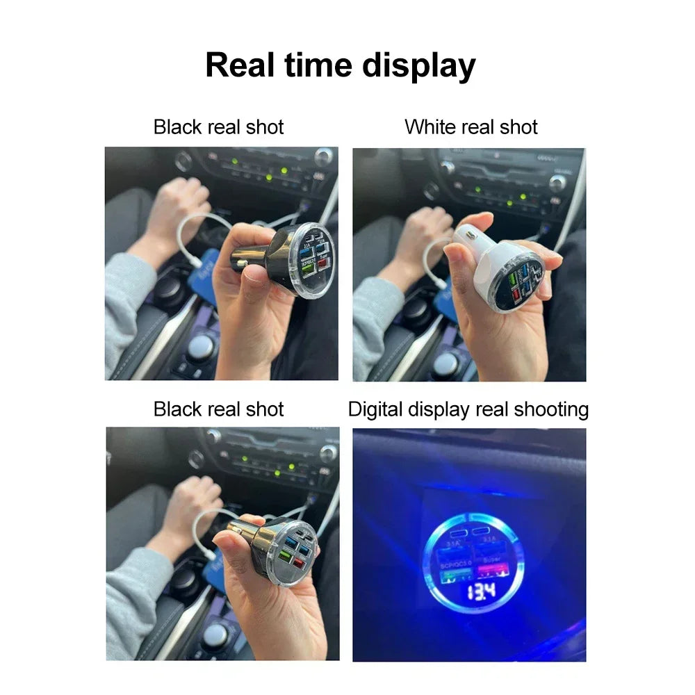 27W 6-in-1 Car Charger LED Display | 4 USB + 2 USB-C PD