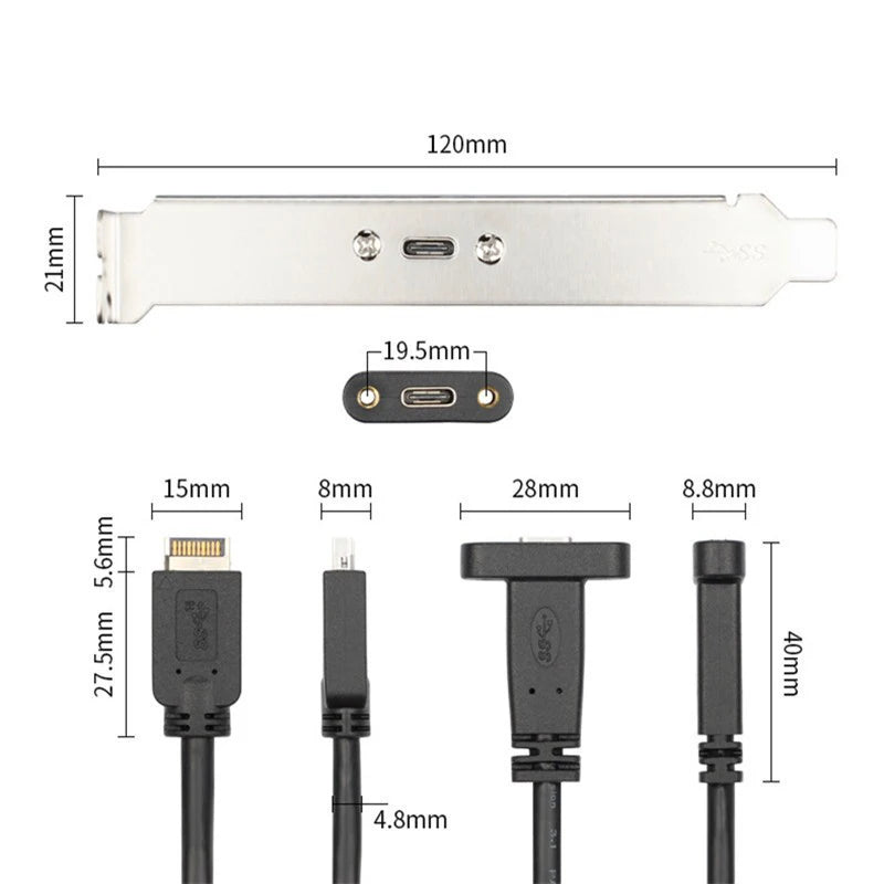Type E to USB-C Front Panel Adapter – USB 3.1/3.2 PC Header Cable
