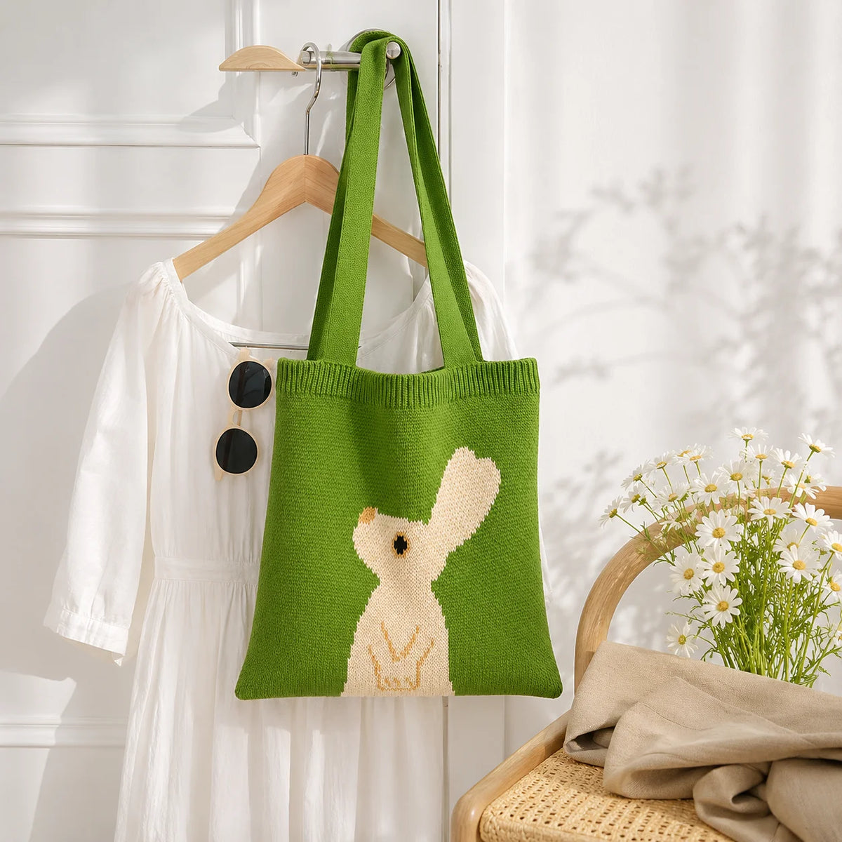 Cute Rabbit Knitted Tote Bag – Large Shoulder Handbag