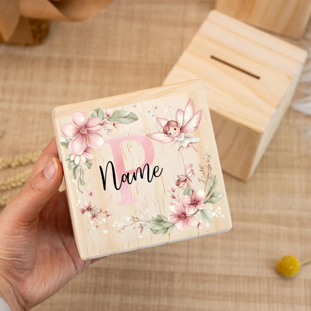 Personalized Wooden Money Box for Kids – Flower Letter Name