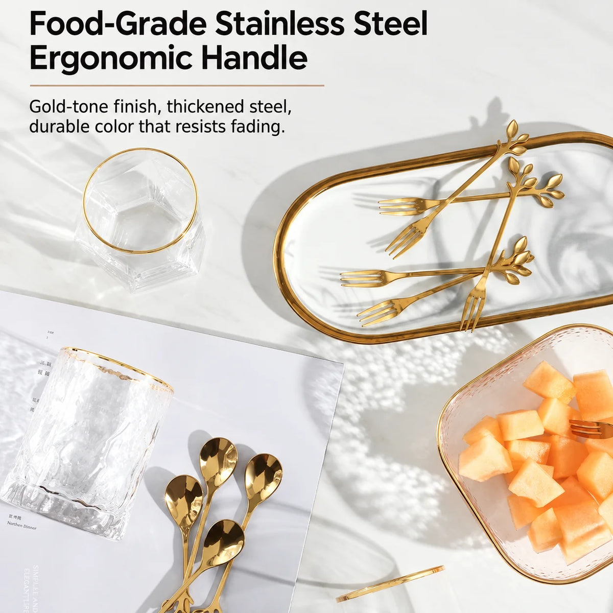 Gold Tone Fruit & Dessert Fork Set with Decorative Holder