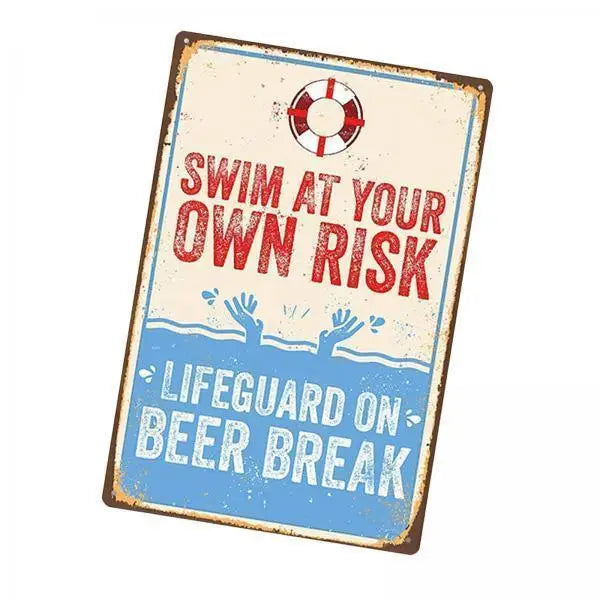 Vintage Metal Pool Sign – Swim at Your Own Risk Plaque 2-Pack