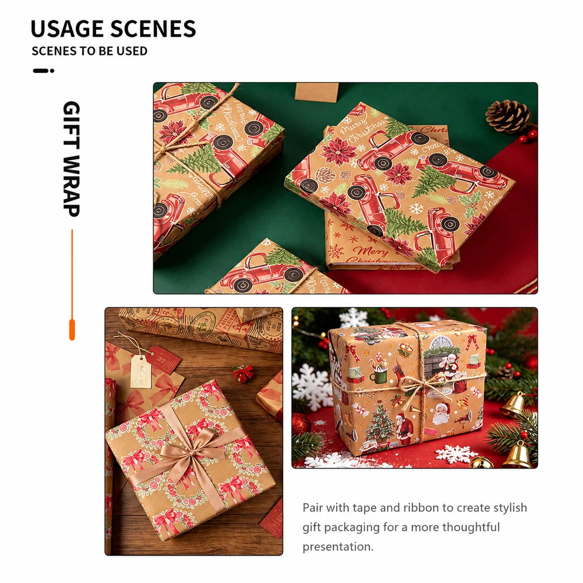 Christmas Kraft Wrapping Paper Roll – Double-Sided Retro Holiday