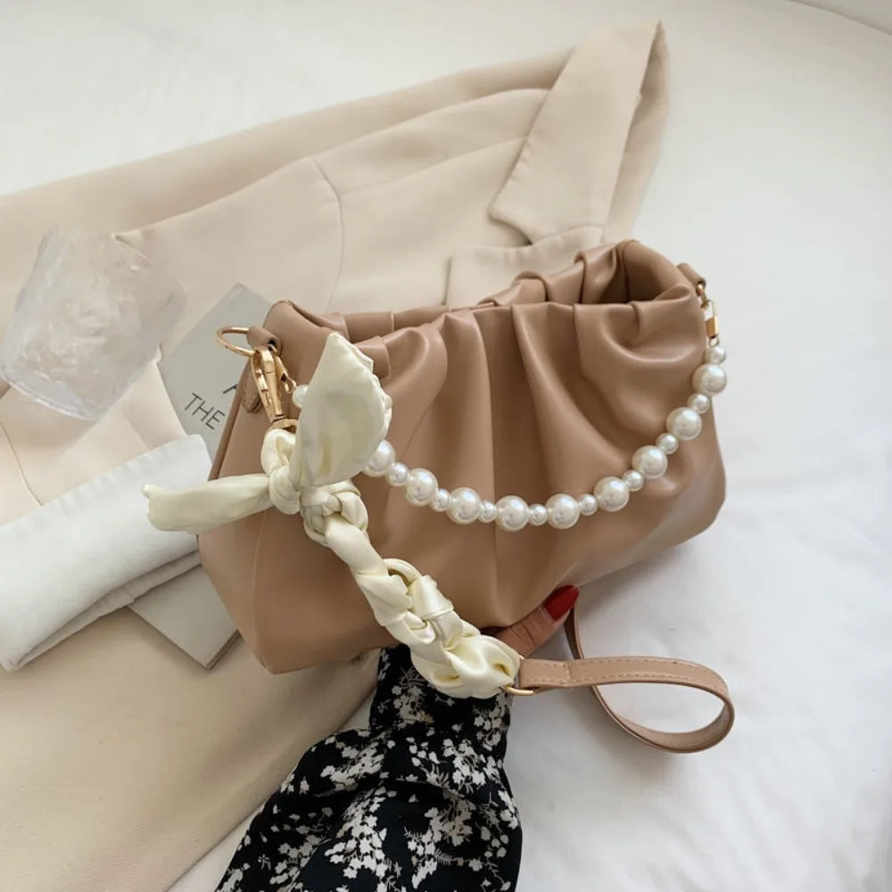 Pleated PU Leather Shoulder Bag with Pearl Detail | Women's Purse