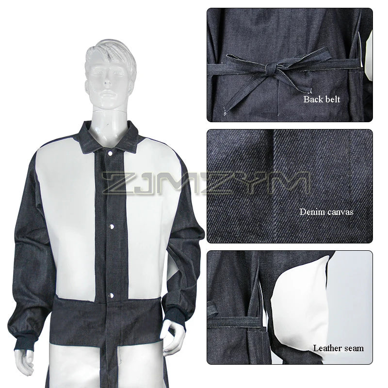 Full-Body Leather Sandblasting Suit – Denim & Cowhide Overalls