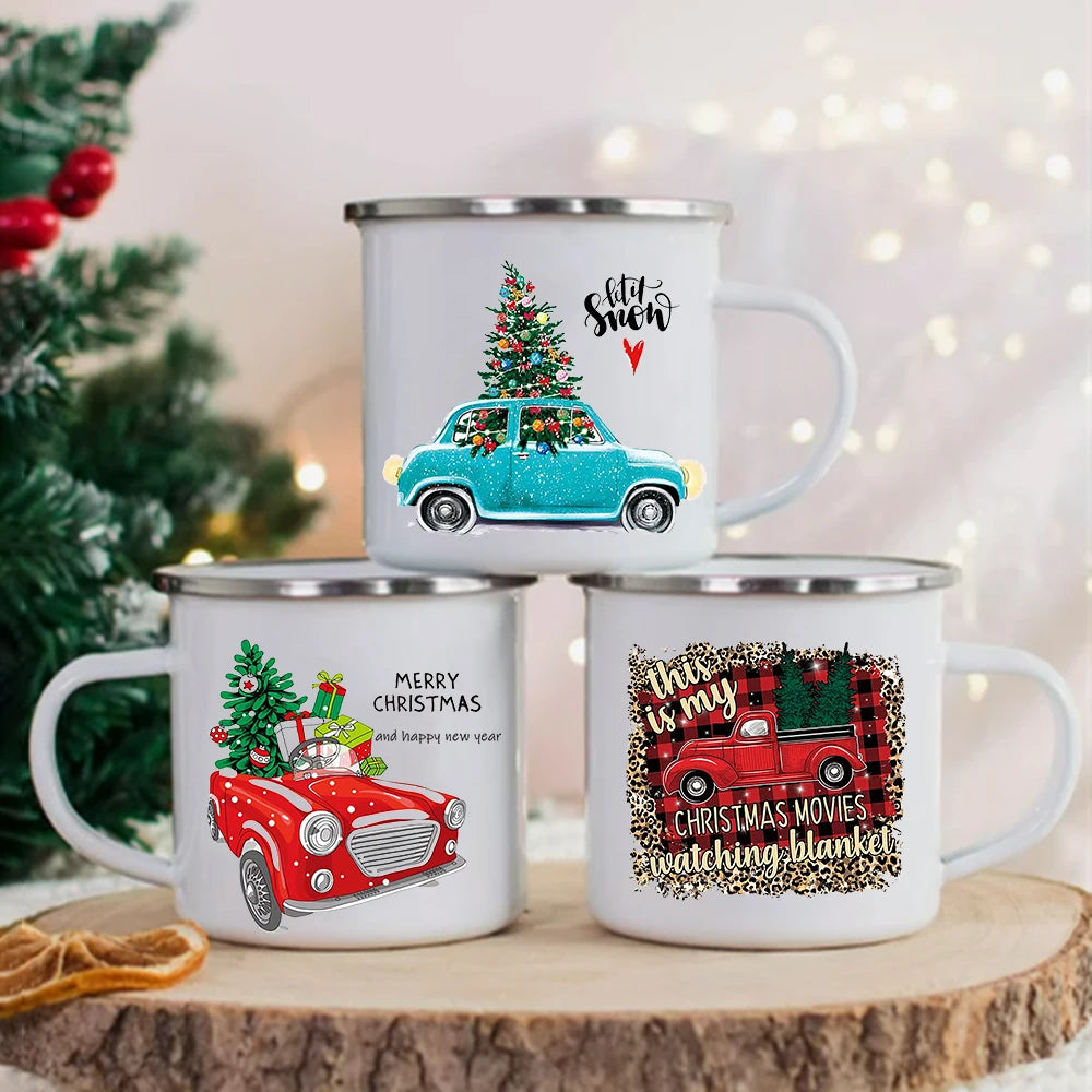 Christmas Tree Truck Enamel Mug | Festive Xmas Coffee Cup