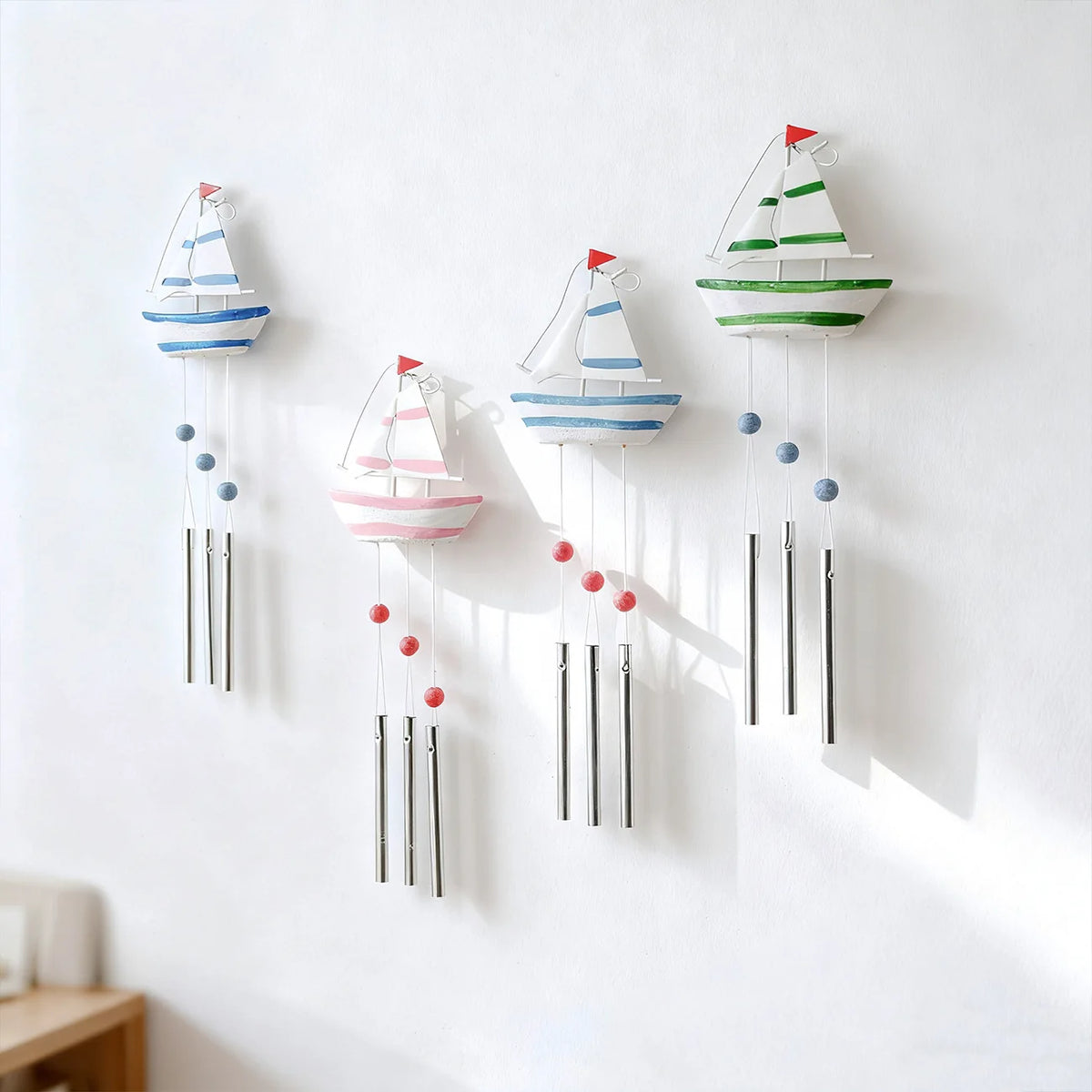 Mediterranean Sailboat Wind Chime – Metal & Wood Hanging Decor