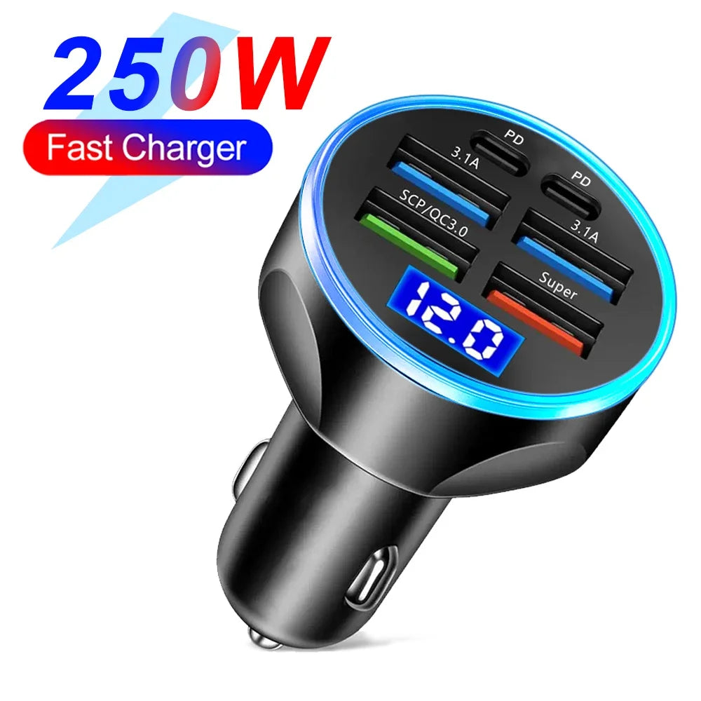 27W 6-in-1 Car Charger LED Display | 4 USB + 2 USB-C PD