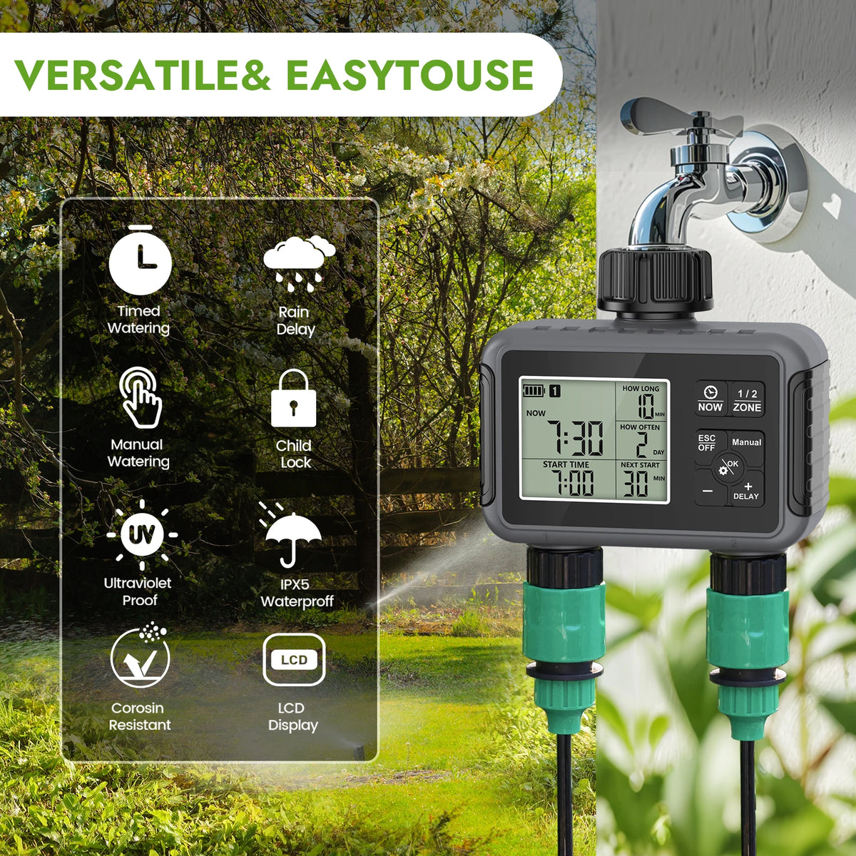 Dual Zone LCD Garden Watering Timer & Spray Irrigation Set
