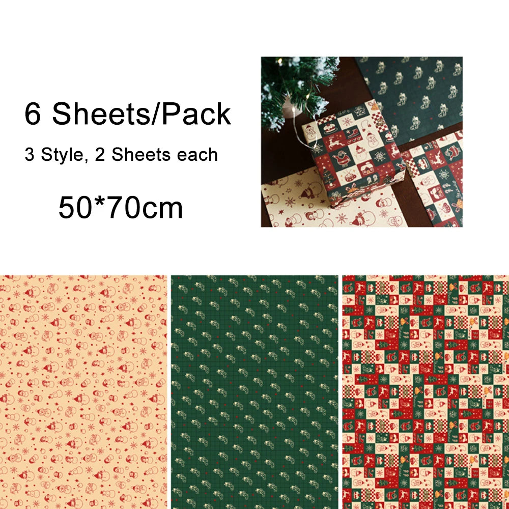 6-Sheet Christmas Kraft Wrapping Paper – Elk, Santa & Snowman
