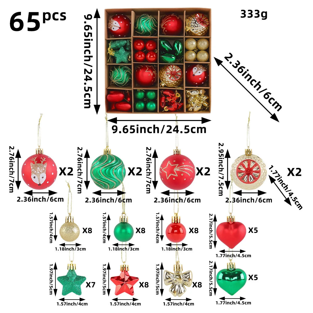 65-Piece Christmas Ball Ornament Set with Gift Box