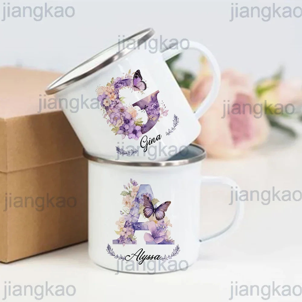 Personalized Floral Initial Enamel Mug | Custom Name Coffee Cup