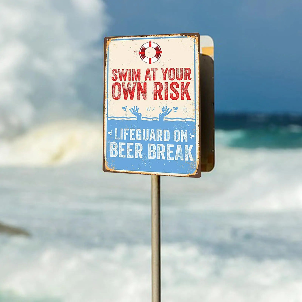 Vintage Metal Pool Sign – Swim at Your Own Risk Plaque 2-Pack