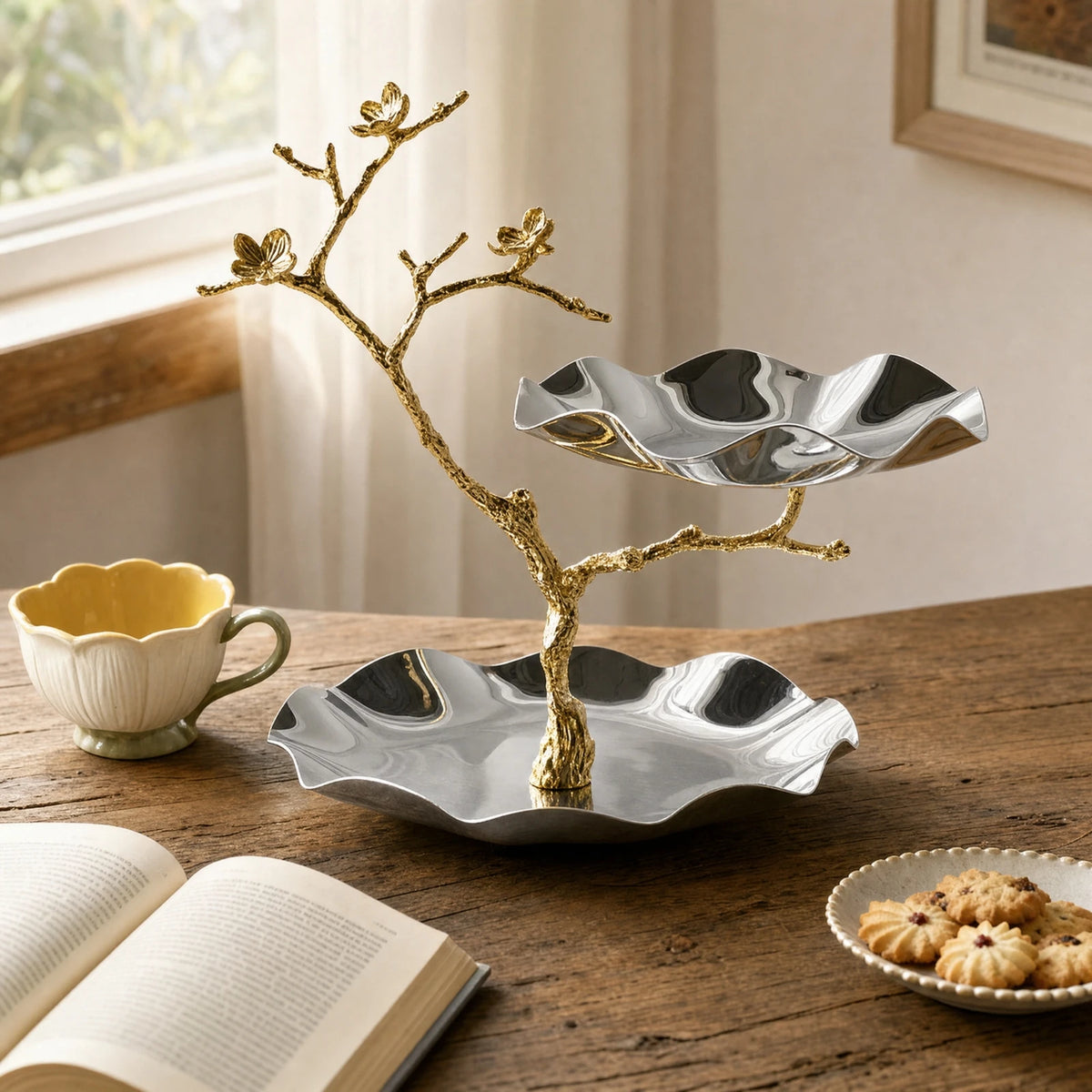 Two-Tier Scalloped Bowl Serving Stand | Silver & Gold Platter