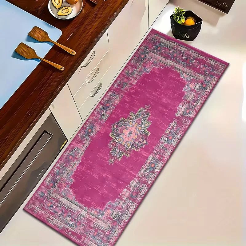 Fuchsia Persian Medallion Runner Rug – Washable Non-Slip Mat