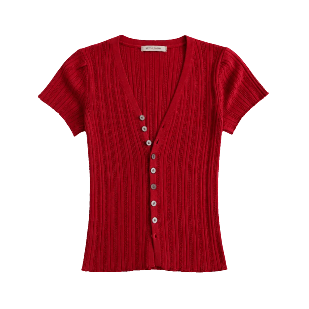 Women's Ice Silk V-Neck Hollow Knit Cardigan Short Sleeve Top
