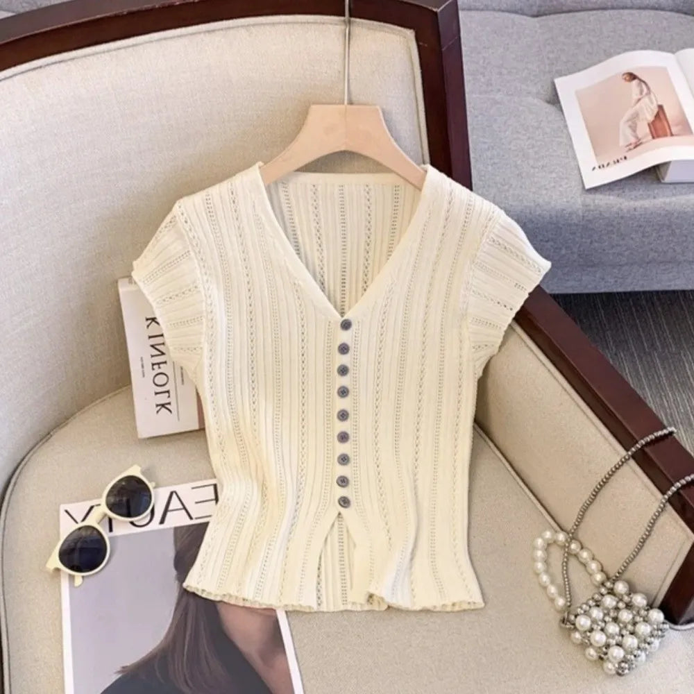 Women's Ice Silk V-Neck Hollow Knit Cardigan Short Sleeve Top