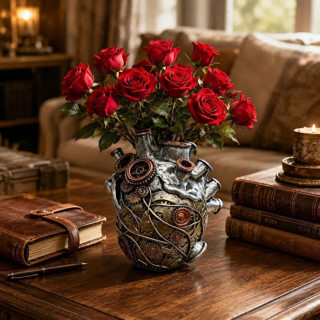 Steampunk Heart Resin Vase – Mechanical Gear Home Décor