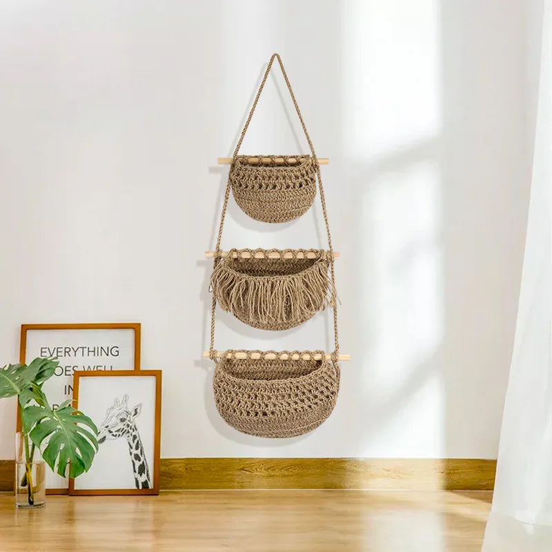 3-Tier Bohemian Hemp Rope Wall Hanging Fruit Mesh Basket