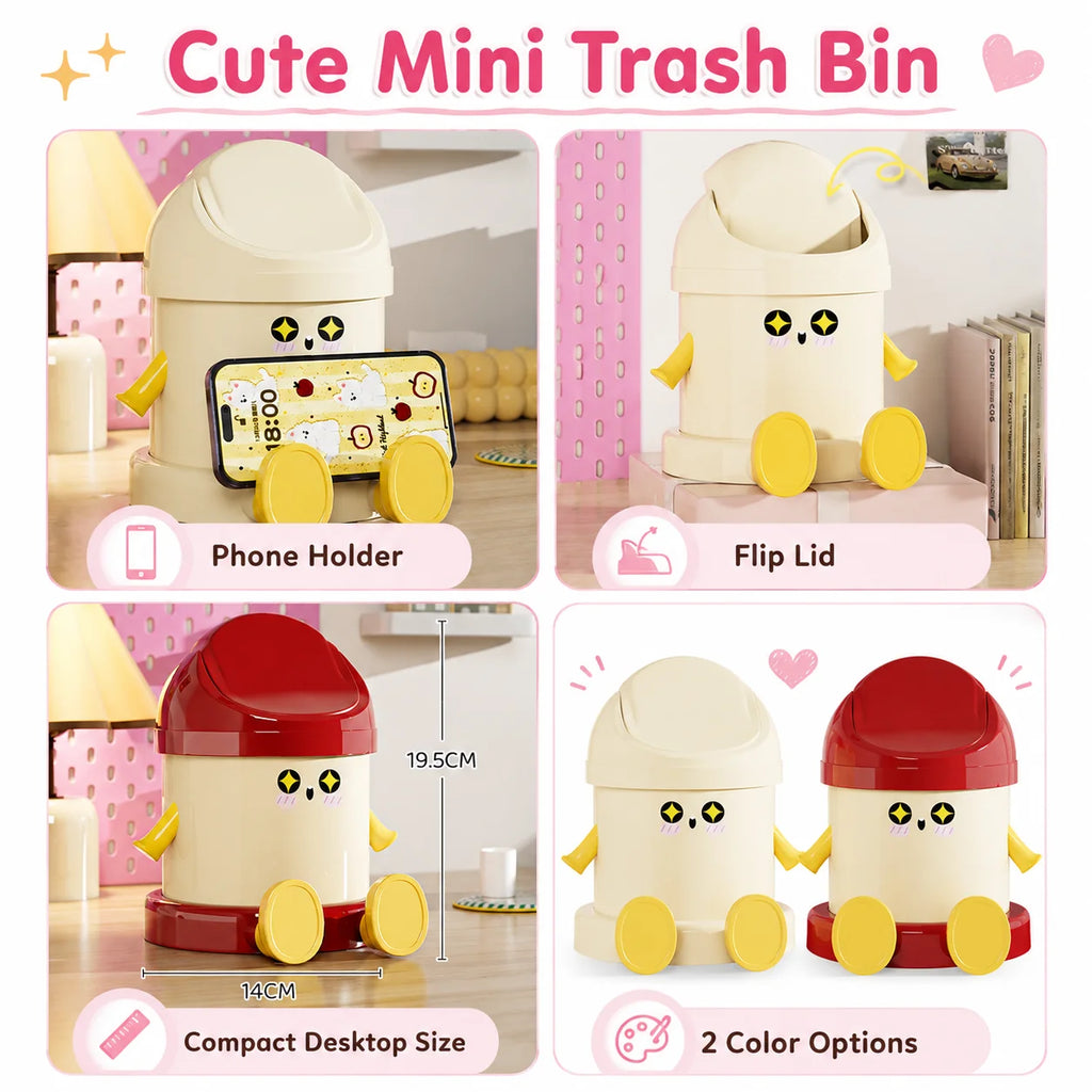 Cartoon Desktop Trash Can with Phone Stand & Flip Lid