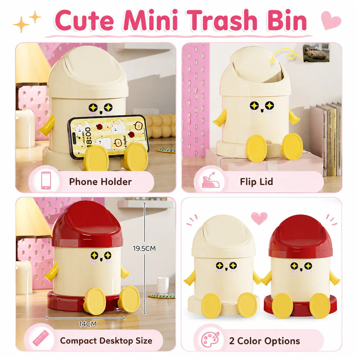 Cartoon Desktop Trash Can with Phone Stand & Flip Lid