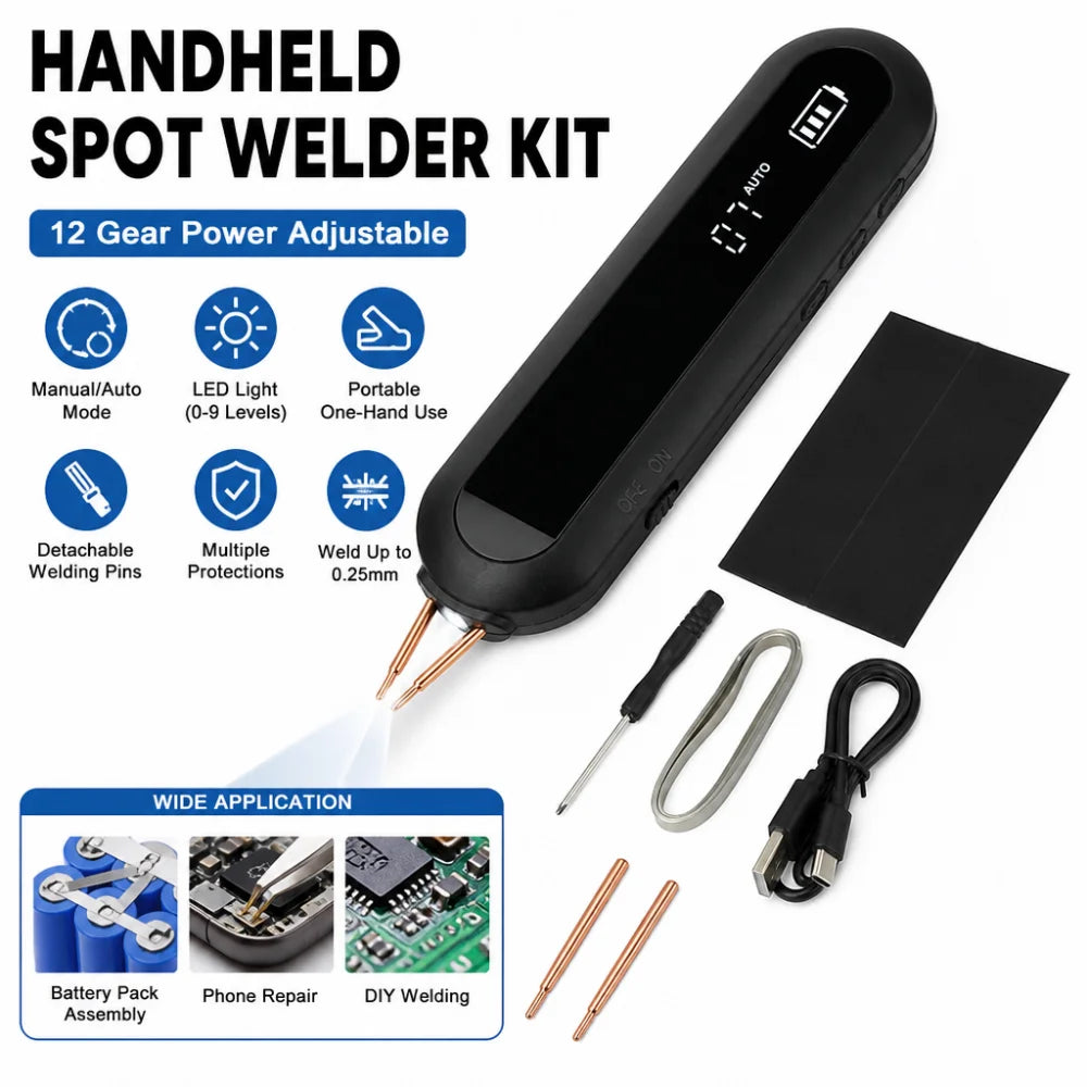 12-Level Portable Spot Welder Kit – LED-Lit 18650 Battery Tool
