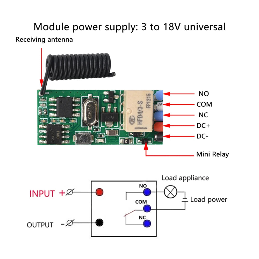 433MHz Mini Wireless Remote Switch Module DC3V–18V | LED & DIY