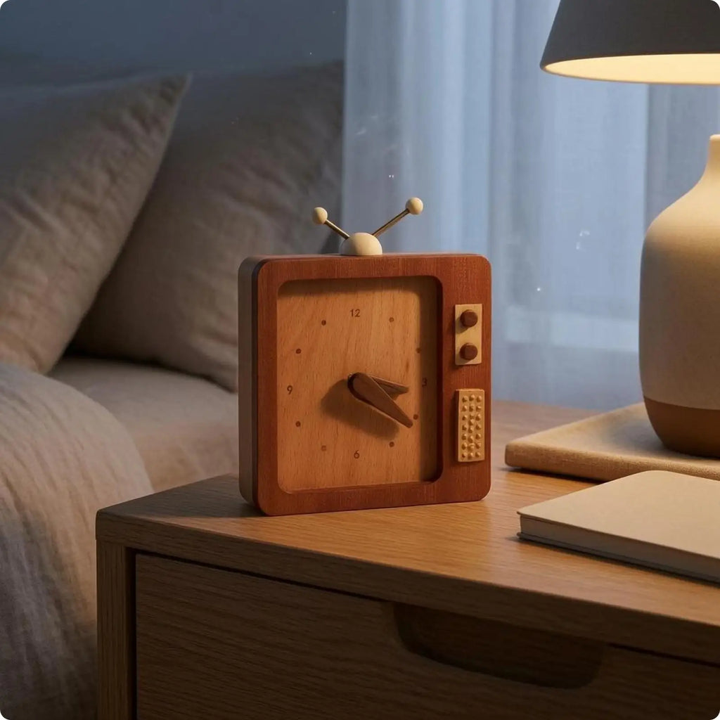 Wooden Retro Square Desk Alarm Clock – Vintage TV Style