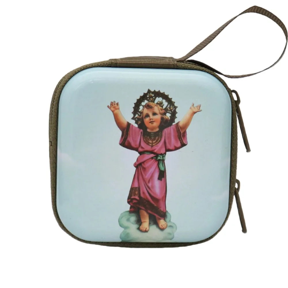 Virgin Mary Rosary Storage Box – Zippered Metal Christian Gift