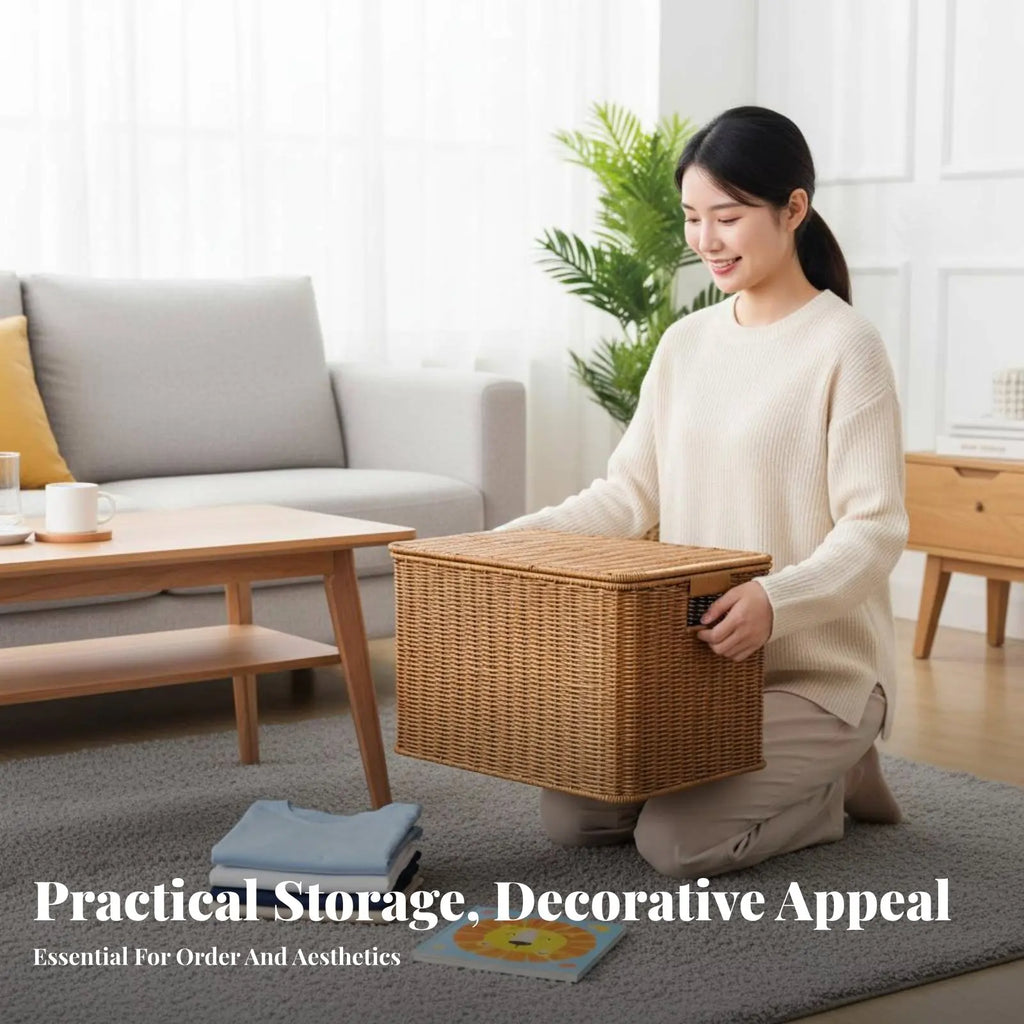 Large Woven Hamper with Lid – Rattan-Style Storage Basket