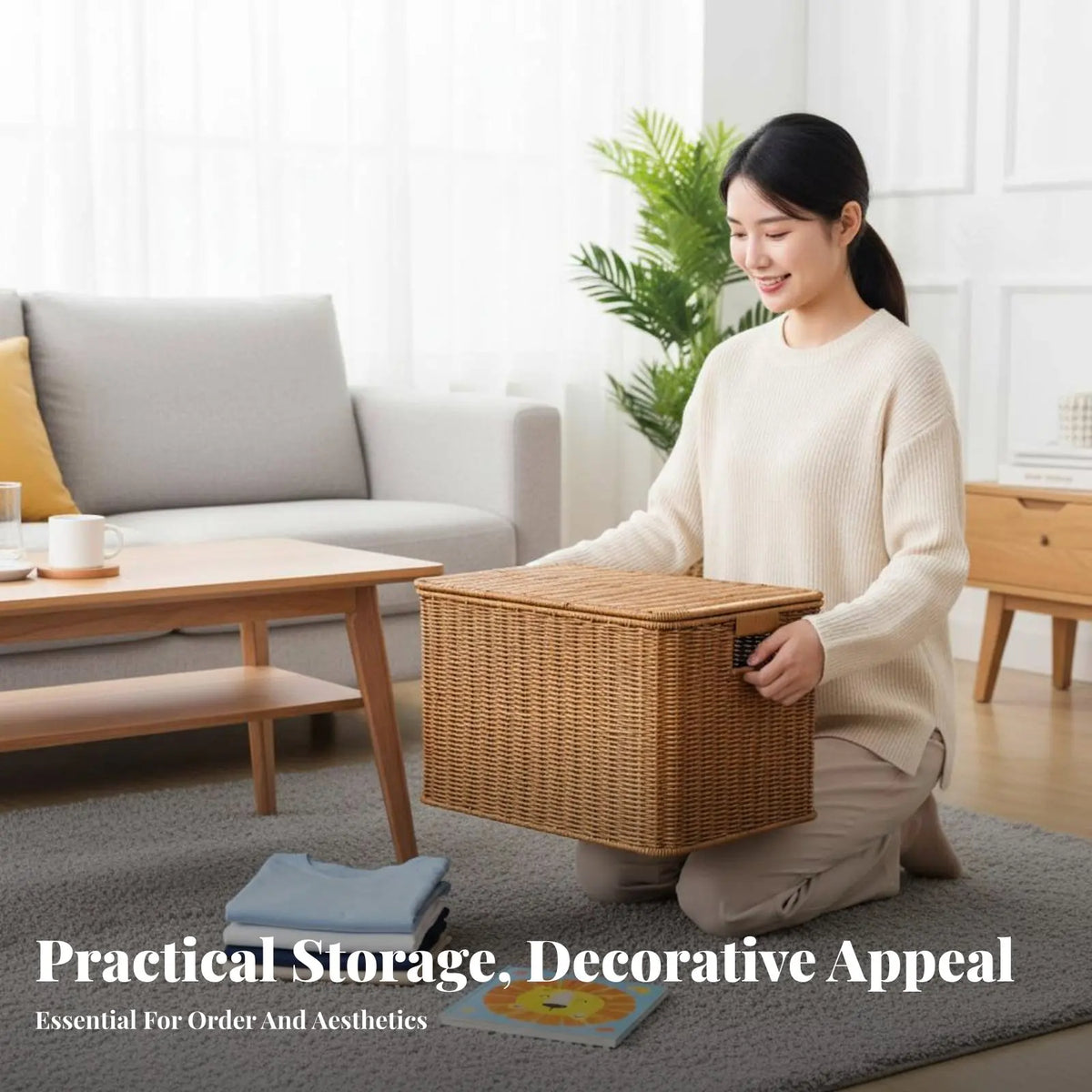 Large Woven Hamper with Lid – Rattan-Style Storage Basket