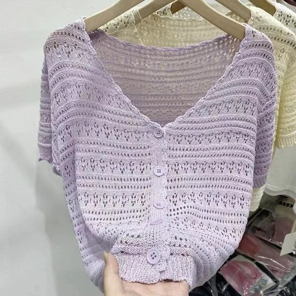 Women's Hollow Knit V-Neck Cardigan | Casual Summer Top