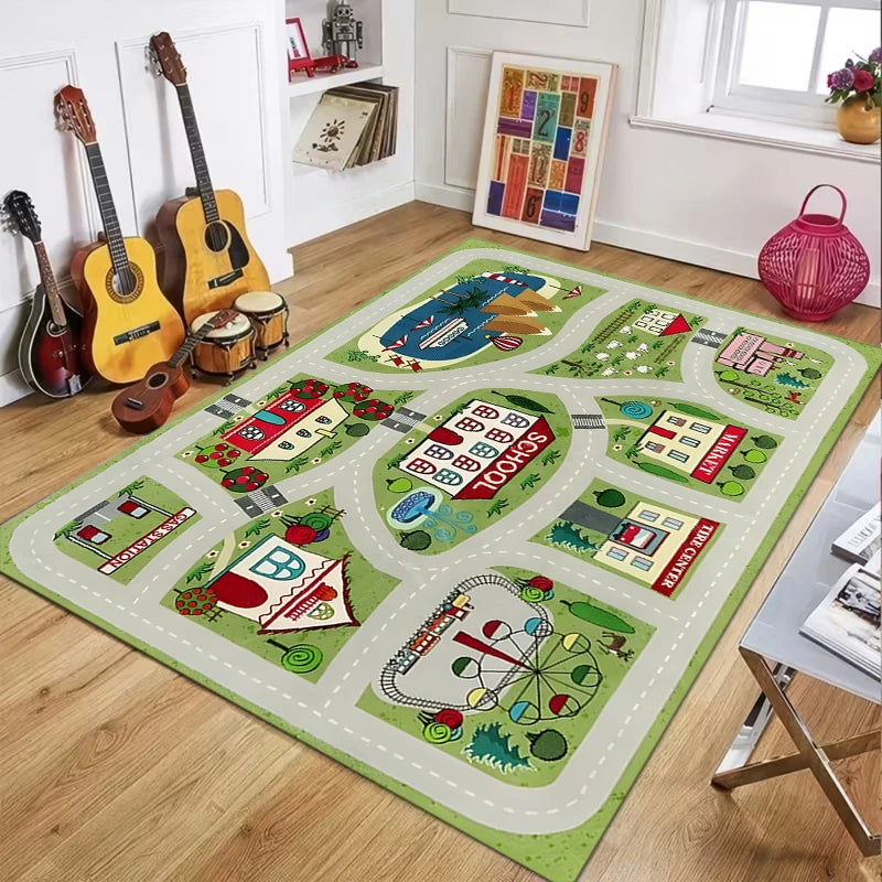 Pink Kids Play Rug – Town Road Track Mat, Non-Slip & Washable