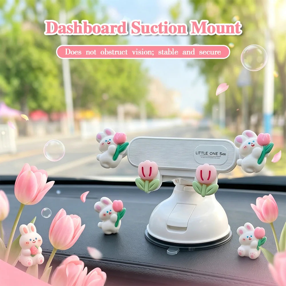 Cute Rabbit Tulip Car Phone Holder – Suction Cup Dashboard Mount
