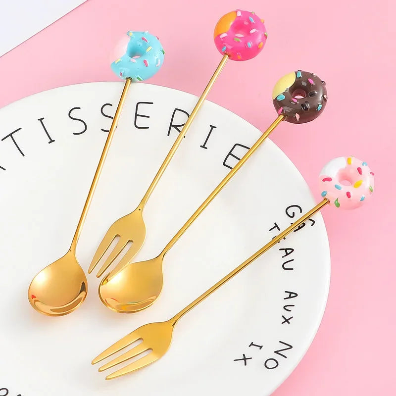 Stainless Steel Donut Cartoon Dessert Spoon & Fork