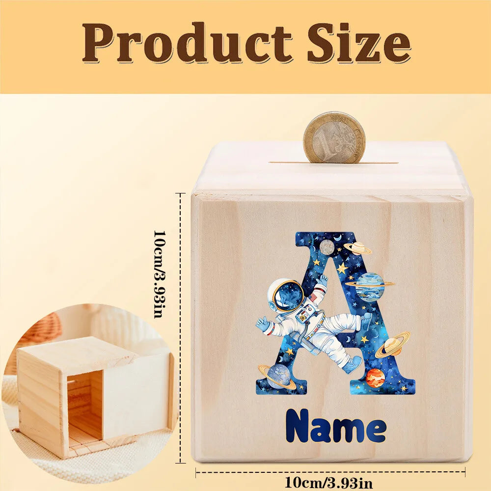 Personalized Astronaut Piggy Bank – Kids Wooden Coin Box
