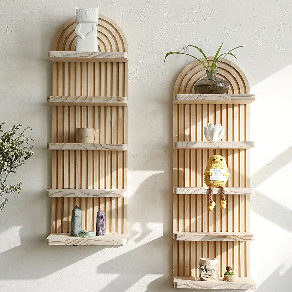 Bohemian Door-Shaped Solid Wood Wall Flower Pot Shelf