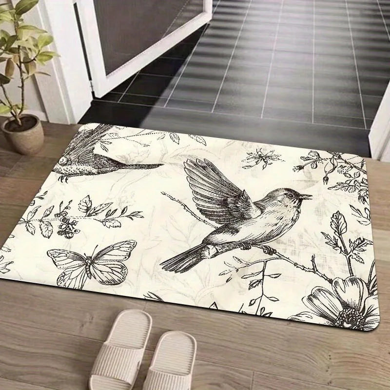 Vintage Hummingbird Doormat – 3D Floral Non-Slip Entryway Rug
