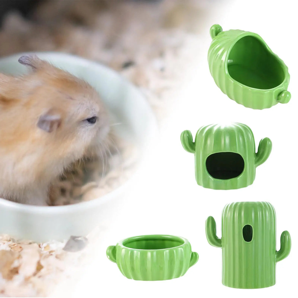 4-Piece Ceramic Hamster Hideout Set – House, Bowl, Bath & Water