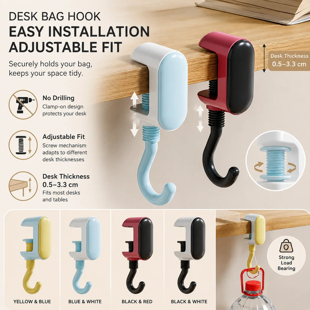 Adjustable Clamp-On Desk Bag Hook – No-Drill Rotating Hanger