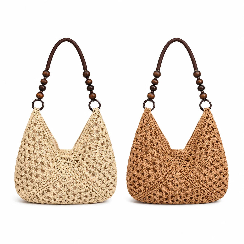 Women's Chinese Style Straw Bucket Tote Shoulder Bag