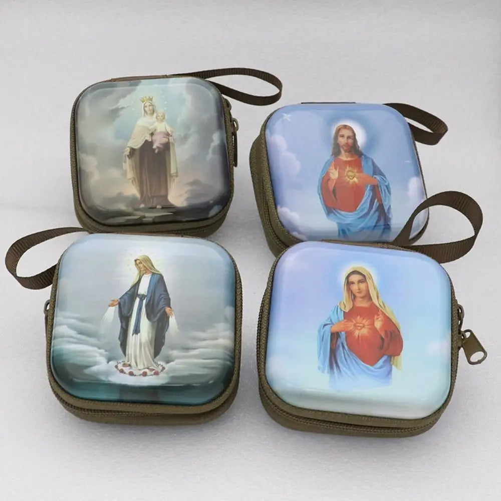 Virgin Mary Rosary Storage Box – Zippered Metal Christian Gift