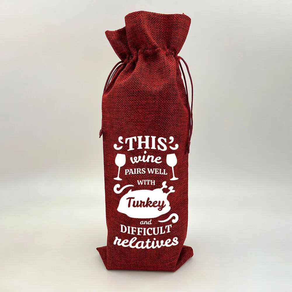 Wine Print Burlap Drawstring Bag – Reusable Eco Gift Pouch